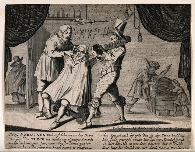 A Christian man being shaved while a Turk sharpens his scimitar on a whetstone behind; representing the exposure of Europe to a Turkish invader. Engraving.