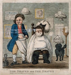 view A barber getting ready to shave the face of a seated customer. Coloured etching by C. Bretherton, 1801, after H.W. Bunbury.