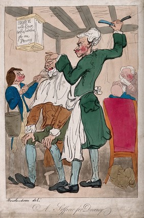 A penny-barber preparing to shave a seated customer who is being lathered with a large brush by a boy assistant, in the background another barber shaves another customer. Coloured etching after T. Rowlandson.