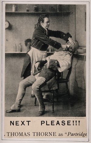 view Thomas Thorne in character as a barber shaving a man. Process print, ca. 1886.