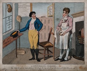 view A barber in his shop preparing to shave a customer. Coloured etching.