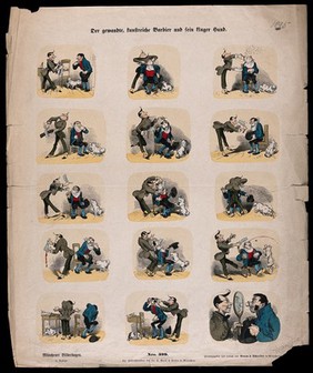 A barber shaving a customer; then cutting his nose off: a sequence of fifteen pictures. Coloured wood engraving.