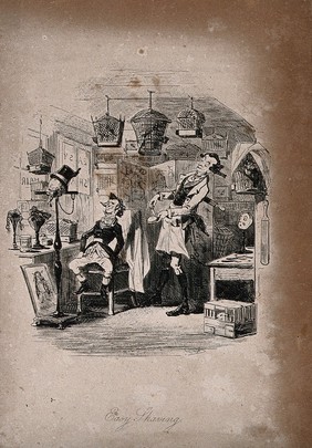 A barber is asked to shave a man who has no facial hair. Etching by Phiz (Hablot K. Browne).