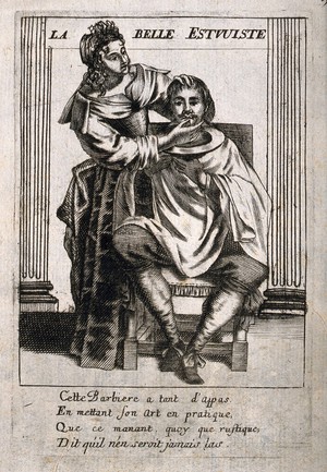 view A female barber preparing to shave a man. Engraving after J. Lagniet, 16--.