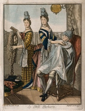 view A female barber shaving a man; another female barber dresses the customer's wig which is on a stand. Coloured engraving.