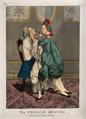 view A female barber shaving a man while astride him. Coloured engraving.