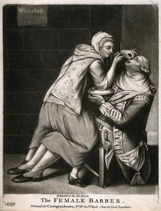 A female barber shaving a soldier. Mezzotint after J. Dixon.