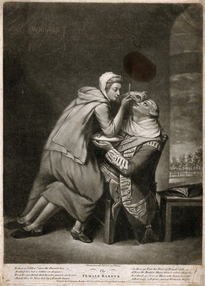 view A female barber shaving a soldier. Mezzotint by J. Dixon after himself.