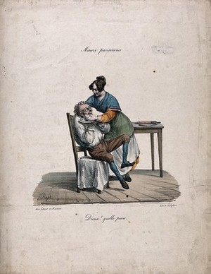 view A female barber lathering the face of a nervous man. Coloured lithograph by Langlumé after E.J. Pigal, 1825.