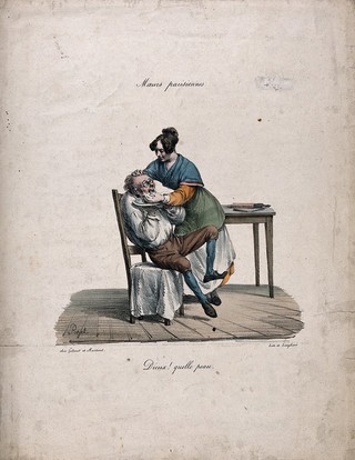 A female barber lathering the face of a nervous man. Coloured lithograph by Langlumé after E.J. Pigal, 1825.