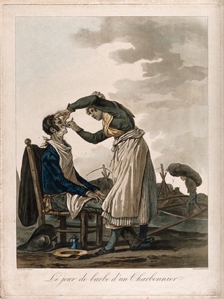 A female travelling barber shaving a man on the edge of a coal field. Coloured aquatint by P.L. Debucourt after C. Vernet.