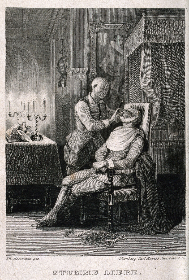 A barber shaving a man in a candlelit bedroom. Engraving by T. Hosemann., by Theodor Hosemann