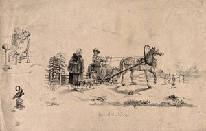 view A Russian (?) in his sleigh talking to a man with a dog: to the left is a barber dressing a man's hair, beneath which there is an eagle. Lithograph by M.G.C., 1824.
