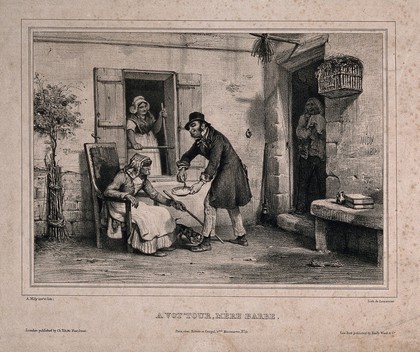 An old woman sitting in a chair outside a barber's shop is offered a shave by a barber. Lithograph by A. Midy, 1882, after himself.