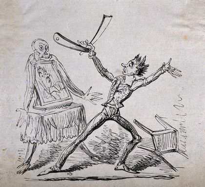 A man holding an enormous razor jumps in fright upon looking in a mirror and seeing his dressing table taking on a human form. Etching by W.C.W.