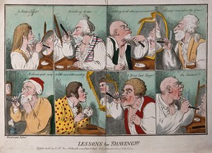 view A sequence of eight images showing men shaving. Coloured etching, 1796, by G.M. Woodward after himself.