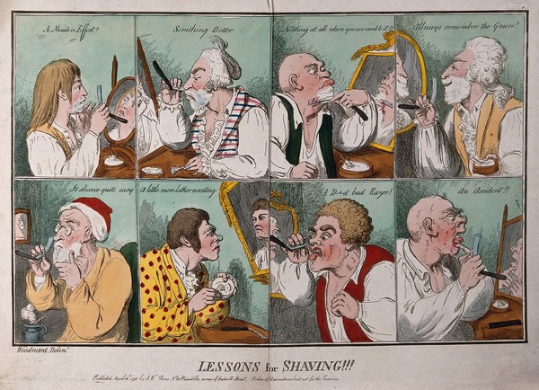 A sequence of eight images showing men shaving. Coloured etching, 1796, by G.M. Woodward after himself.