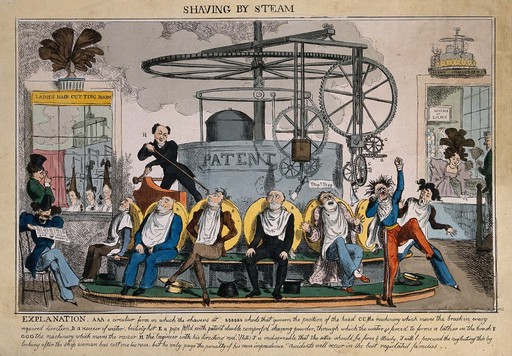 A shaving machine powered by steam. Coloured etching by Shortshanke.