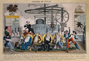 view A shaving machine powered by steam. Coloured etching by R. Seymour.