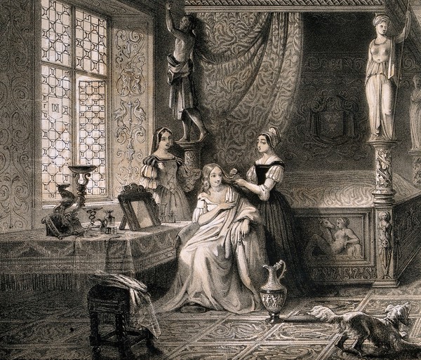 Diane de Poitiers, in her bed-chamber in the Château de Chenonceau, having her hair dressed by a female assistant; another woman stands to the left; a small child and a dog are in the foreground. Lithograph by L. Haghe, 1841, after W.J. Müller.