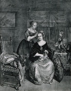 view A woman with a dog on her knee having her hair dressed by a female assistant; in the right hand background a boy holds hair-dressing implements. Lithograph by Jäckel.