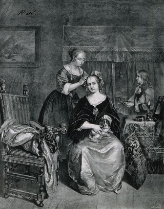 A woman with a dog on her knee having her hair dressed by a female assistant; in the right hand background a boy holds hair-dressing implements. Lithograph by Jäckel.