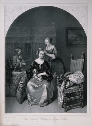 view A woman with a dog on her knee having her hair dressed by a female assistant; in the lefthand background a boy holds hair-dressing implements. Lithograph by F. Hanfstaengl after C. Netscher.