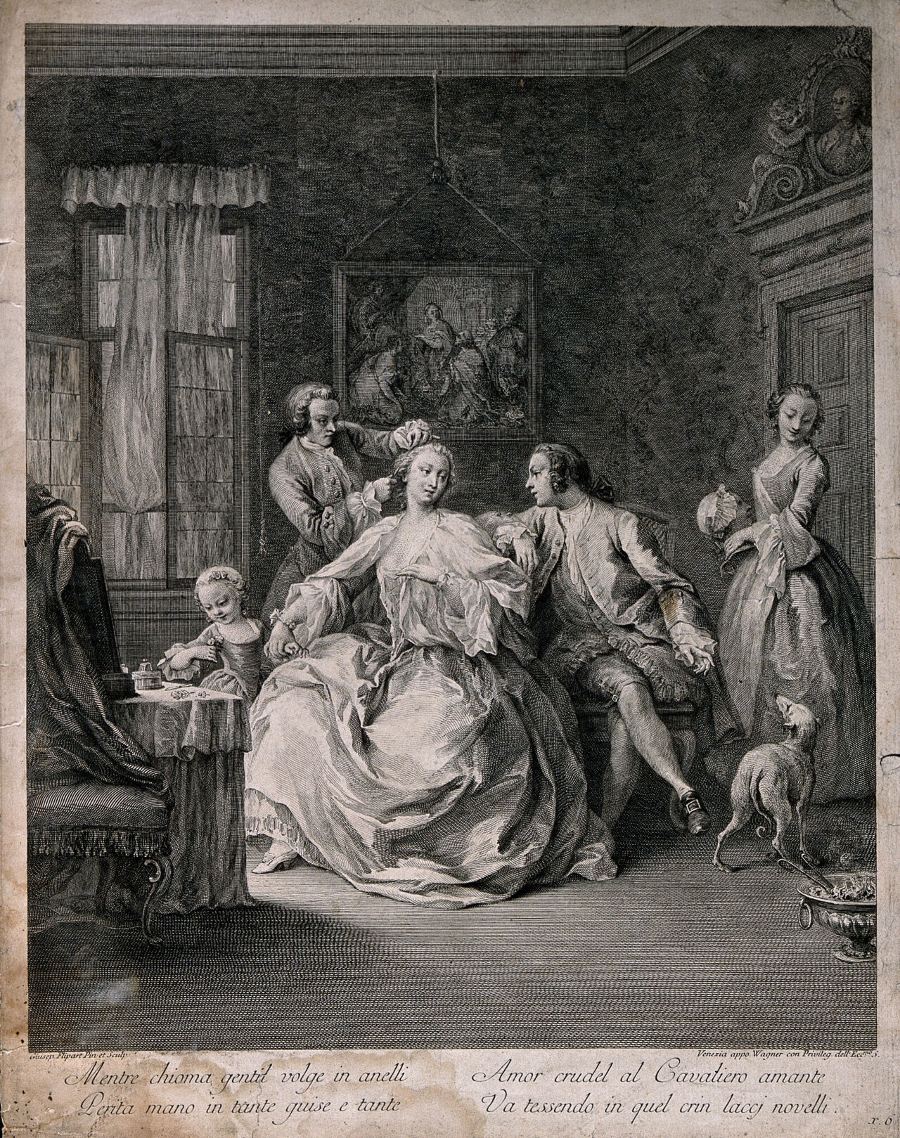 A woman at her toilet, having her hair dressed by a male assistant; a small girl holds her hand, and a man sits next to her; in the left is a female assistant who is looking at a dog. Engraving by G. Flipart after himself., by Charles Joseph Flipart