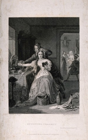 view A woman studying a book of tragedy while having her hair dressed by a female assistant; in the background a group act out a tragedy. Engraving by A. Duncan, 1831, after Farrier.