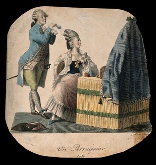 A woman at her dressing table in 1780 having her hair powdered by a male attendant. Coloured lithograph by Villain (?).