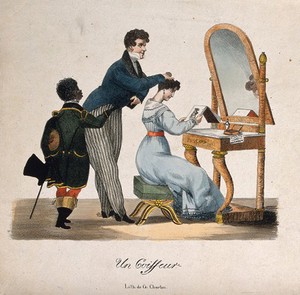 view A woman having her hair dressed by a male hairdresser who is assisted by a black servant-boy. Coloured lithograph by G. Charton.