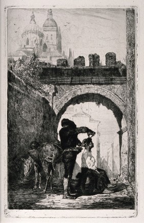 A barber cutting hair in front of a battlemented bridge in Spain; in the background are two large domed buildings. Etching by J.J. Martínez Espinosa.