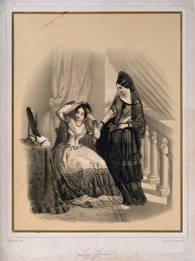 A Spanish woman arranging her hair with flowers at her dressing table; another woman assists by passing her flowers. Coloured lithograph after H. Leloir.