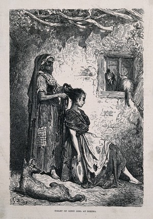 view A gipsy girl having her hair dressed by an old woman. Reproduction of a wood engraving after G. Doré.