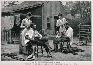 view Two women cutting men's hair outside a ranch in Texas in 1880. Wood engraving.