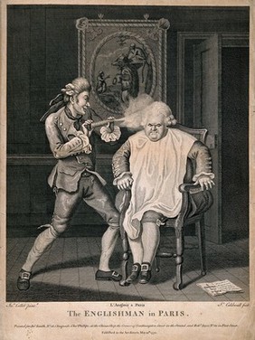 An Englishman seated in a Parisian coiffeur's salon having his hair dressed by a mischievous Frenchman. Engraving by J. Caldwell, 1770, after I. Collet.