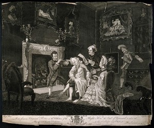 view A man asleep in a chair, having his hair or wig powdered by a male hair-dresser; a woman sits next to him and a French cook reads to him from a list; in the background a courier is stealing something from a writing desk. Engraving by J. Goldar, 1771, after Pugh.