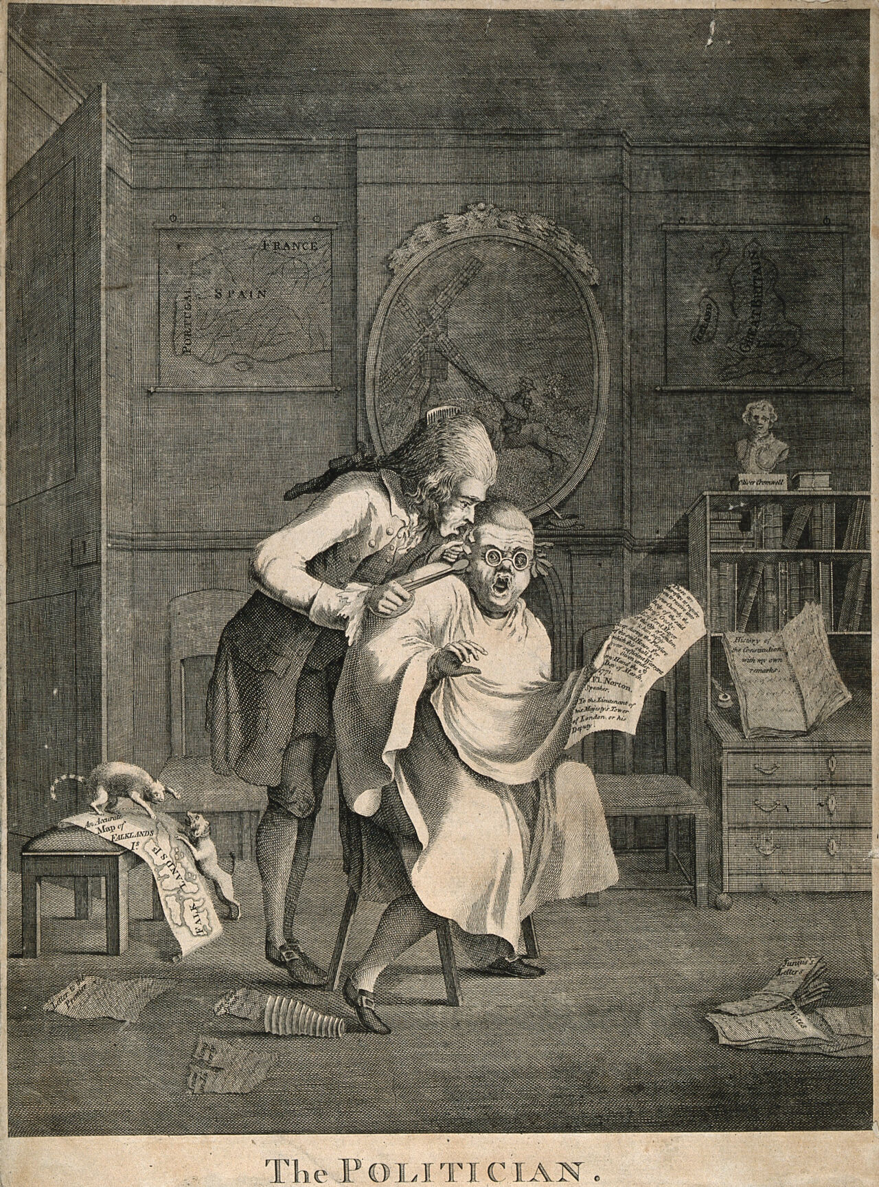 A French hair-dresser (his nationality indicated by his bag-wig and ruffles) applying tongs to the hair of his seated customer, a bespectacled politician, who appears alarmed at a paper he is reading. Engraving after S.H. Grimm., 1771, by Samuel Hieronymus Grimm