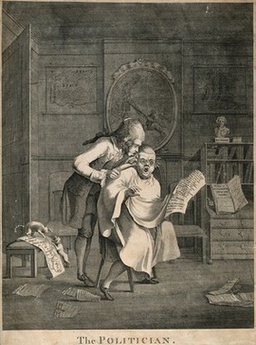 A French hair-dresser (his nationality indicated by his bag-wig and ruffles) applying tongs to the hair of his seated customer, a bespectacled politician, who appears alarmed at a paper he is reading. Engraving after S.H. Grimm.