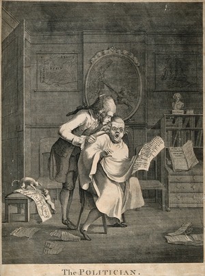 view A French hair-dresser (his nationality indicated by his bag-wig and ruffles) applying tongs to the hair of his seated customer, a bespectacled politician, who appears alarmed at a paper he is reading. Engraving after S.H. Grimm.