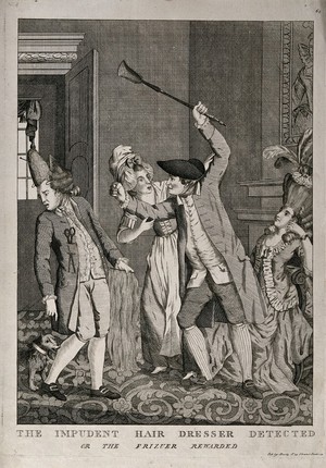 view A man with a shovel attempting to hit a hair-dresser (who is also being attacked by a small dog); a maid-servant tries to restrain him; an extravagantly dressed woman looks on. Engraving, 1778.