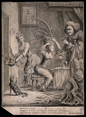 A young woman dressing her hair with feathers; an old man looks on and a maidservant pushes a cockerel out through a door. Etching by C.W. Bampfylde, 1776.