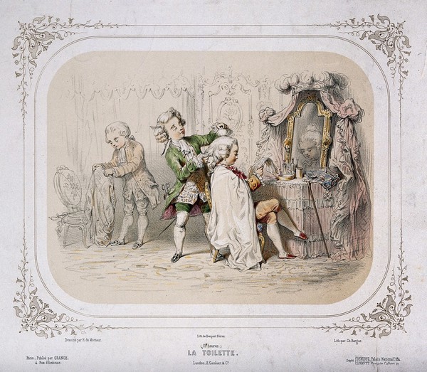 Children playing at being adults; a boy sits at his dressing table having his hair dressed by a boy pretending to be a hair-dresser; another boy in the background folds clothes. Coloured lithograph by C. Bargue after H. de Montaut.