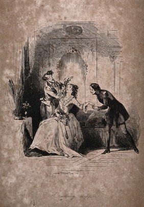 A woman having her hair cut by a male hair-dresser; a military man holds her hand. Etching.