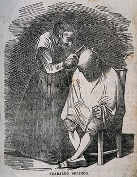 A female hair-dresser combing a man's hair. Wood engraving.