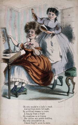 view A woman seated at her dressing table having her hair brushed by a maid. Coloured lithograph.