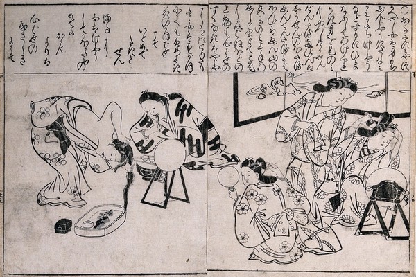 Women brushing their teeth and dressing their hair. Woodcut by Moronobu, 1695.