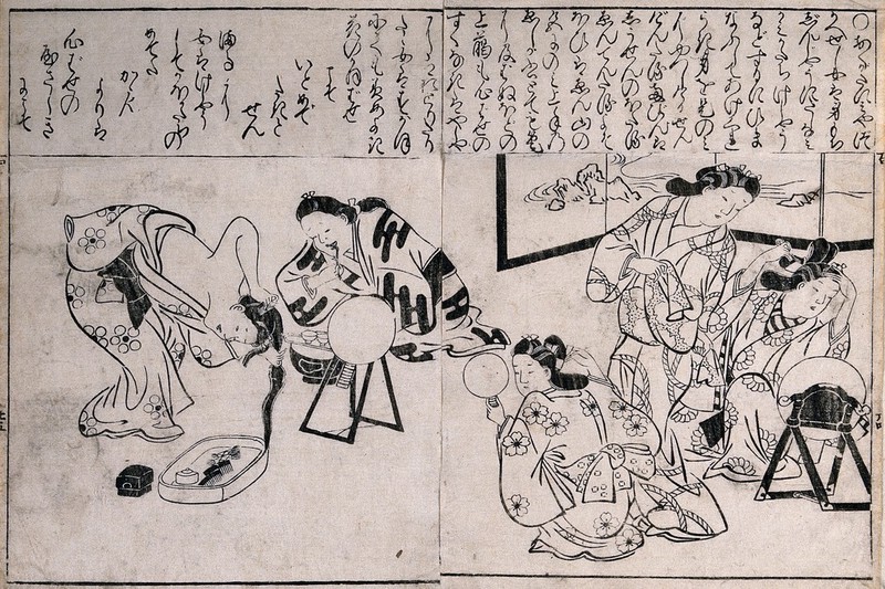 Women brushing their teeth and dressing their hair. Woodcut by Moronobu, 1695., 1695, by Hishikawa Moronobu