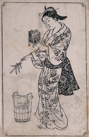 view A woman holding a cricket cage. Woodcut by Sukenobu, 1739.