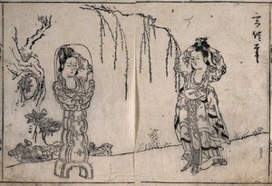 view A Chinese woman in a garden dressing her hair in a mirror on an elaborate stand. Woodcut attributed to Morikuni.